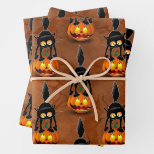 Cat Halloween Scared Cartoon on Pumpkin Wrapping Paper Sheet