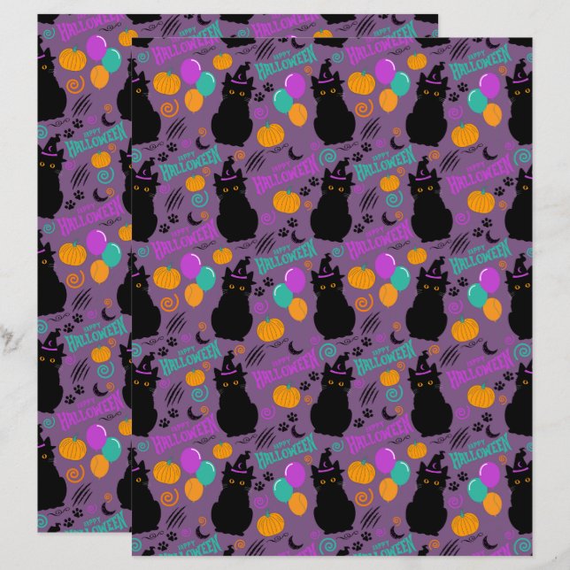 Cat Halloween Scrapbook Paper in Purple (Front/Back)