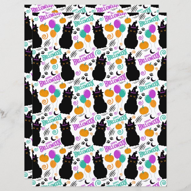 Cat Halloween Scrapbook Paper in White (Front/Back)