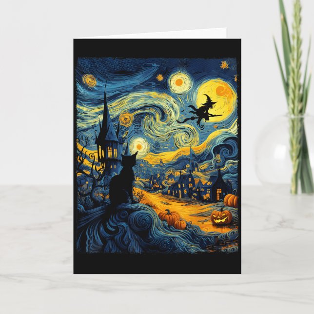 Cat Halloween Van Gogh Starry Night Pumpkin Men Wo Card (Front)