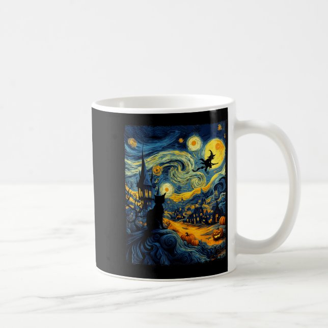 Cat Halloween Van Gogh Starry Night Pumpkin Men Wo Coffee Mug (Right)