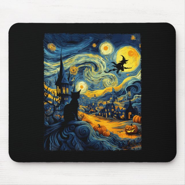 Cat Halloween Van Gogh Starry Night Pumpkin Men Wo Mouse Mat (Front)
