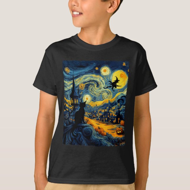 Cat Halloween Van Gogh Starry Night Pumpkin Men Wo T-Shirt (Front)