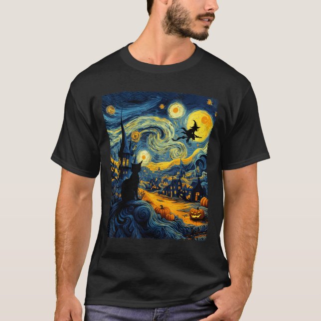 Cat Halloween Van Gogh Starry Night Pumpkin Men Wo T-Shirt (Front)