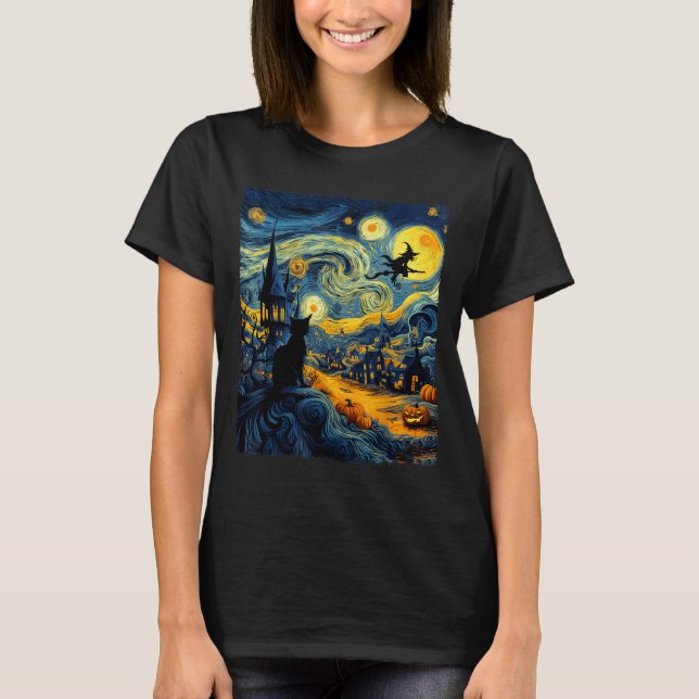 Cat Halloween Van Gogh Starry Night Pumpkin Men Wo T-Shirt (Front)