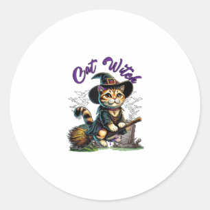 Cat Halloween Witch Costume Farmer Family Kids Tod Classic Round Sticker