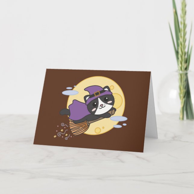 Cat Halloween Witch Kids Witch Costume Holiday Card (Front)