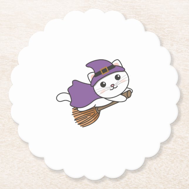 Cat Halloween Witch Kids Witch Costume Paper Coaster (Front)