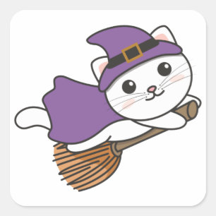 Cat Halloween Witch Kids Witch Costume Square Stic Sticker