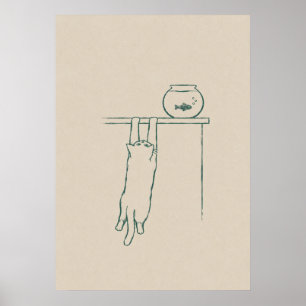 Cat Hanging Off Shelf Stalking Goldfish Bowl – Fun Poster