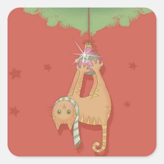 Cat hanging on christmas ball square sticker (Front)
