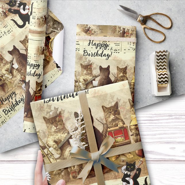 Cat Happy Birthday Song Orchestra Wrapping Paper (Cute vintage pattern wrapping paper featuring a cat orchestra singing a happy birthday song)