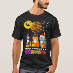 Cat Happy Hallothanksmas Halloween Thanksgiving Xm T-Shirt