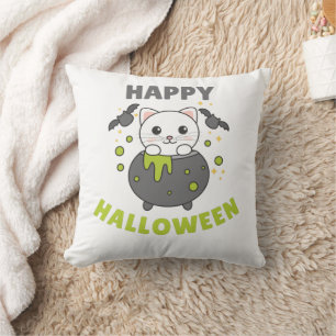 Cat Happy Halloween Cauldron Bat Cushion