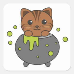 Cat Happy Halloween Cauldron Bat Square Sticker