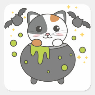 Cat Happy Halloween Cauldron Bat Square Sticker