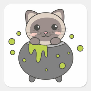Cat Happy Halloween Cauldron Bat Square Sticker