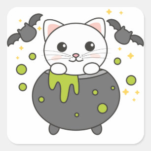 Cat Happy Halloween Cauldron Bat Square Sticker