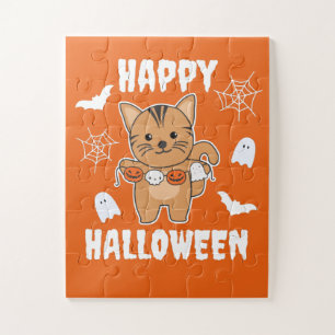 Cat Happy Halloween Pumpkin Bat Costume Jigsaw Puzzle