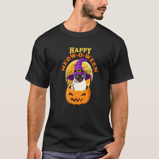 Cat Happy Meow O Ween Witch Halloween T-Shirt (Front)