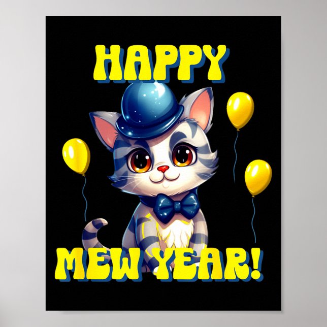 Cat Happy New Year Mew Year Funny New Years Party  Poster (Front)
