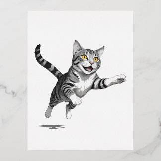 Cat Happy Playful Fun Jumping In The Air Joyful Foil Holiday Postcard