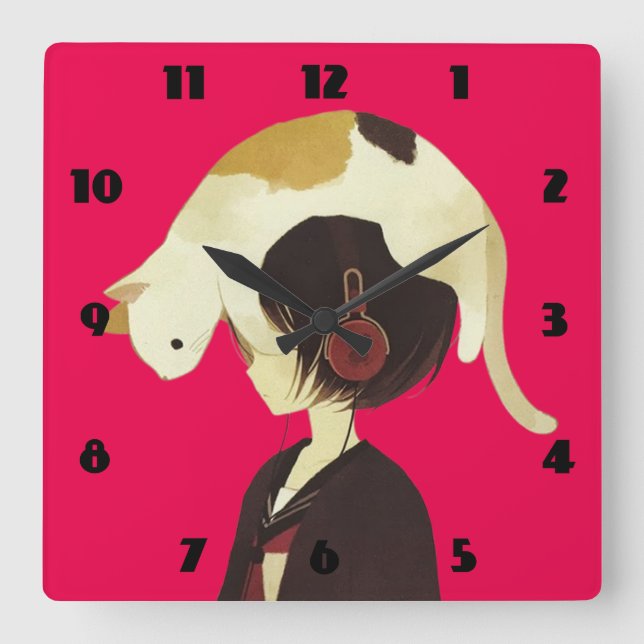 CAT HAT - Anime Child with Cat Square Wall Clock (Front)