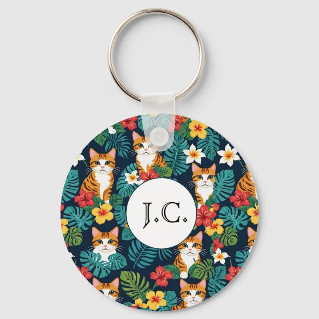 Cat Hawaiian shirt style pattern tropical ginger Key Ring (Front)