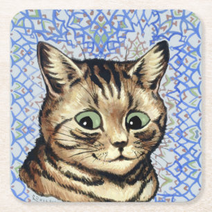 Cat head drawing by Louis Wain Square Paper Coaster