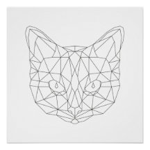 Cat Head Geometric Black & White Modern Art Print