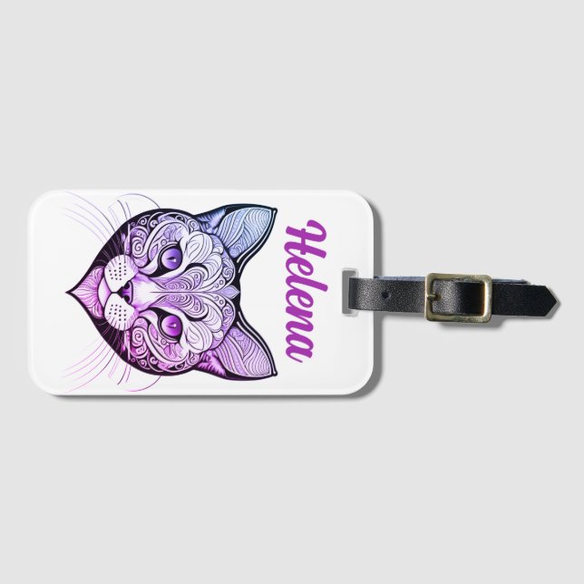Cat head gradient blue-purple luggage tag (Front Horizontal)