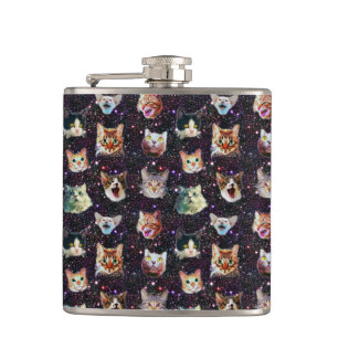 Cat Heads in Outer Space Funny Galaxy Pattern Hip Flask
