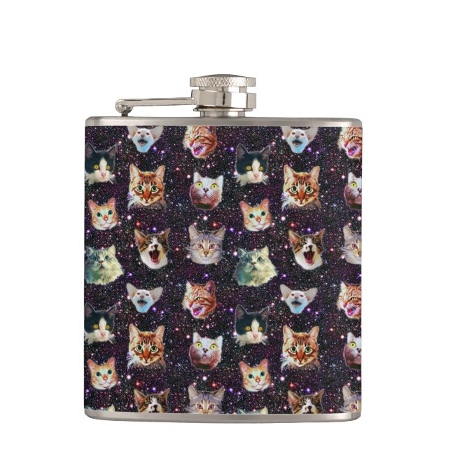 Cat Heads in Outer Space Funny Galaxy Pattern Hip Flask (Front)