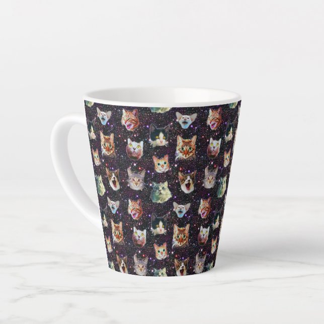 Cat Heads in Outer Space Funny Galaxy Pattern Latte Mug (Left Angle)