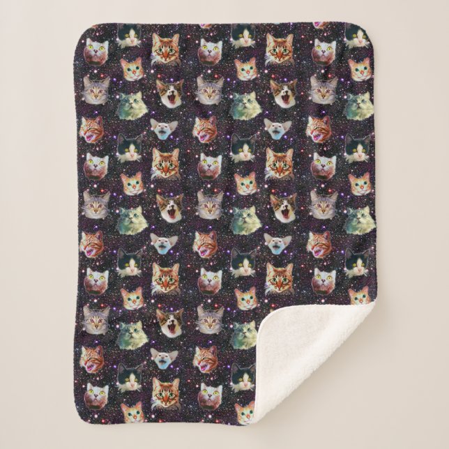 Cat Heads in Outer Space Funny Galaxy Pattern Sherpa Blanket (Front)