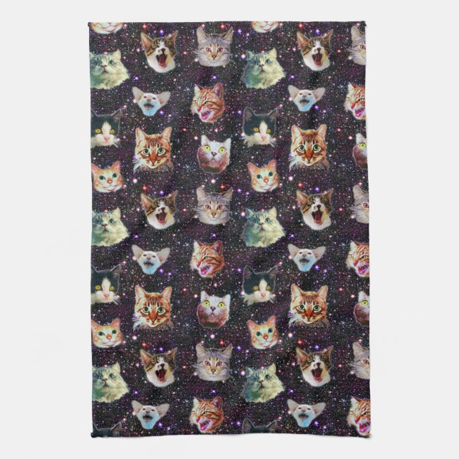 Cat Heads in Outer Space Funny Galaxy Pattern Tea Towel (Vertical)
