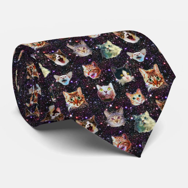 Cat Heads in Outer Space Funny Galaxy Pattern Tie (Rolled)