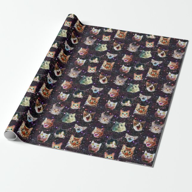 Cat Heads in Outer Space Funny Galaxy Pattern Wrapping Paper (Unrolled)