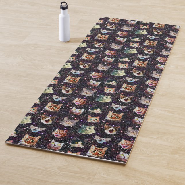 Cat Heads in Outer Space Funny Galaxy Pattern Yoga Mat (In Situ)