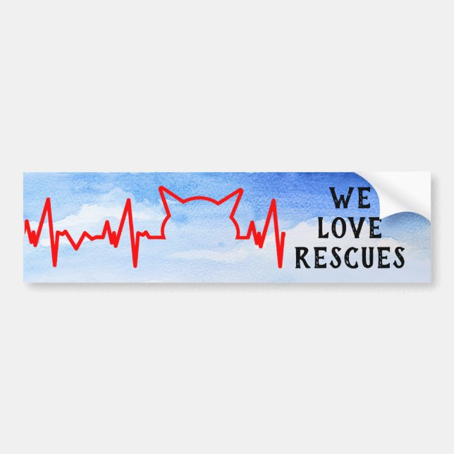 Cat Heartbeat, We love rescues, cloudy sky Bumper Sticker (Front)