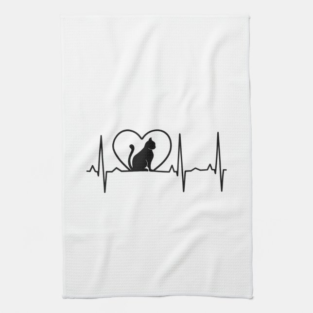 Cat Heartbeat with Heart  Tea Towel (Vertical)