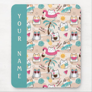 Cat Hello Summer Beach Kitty Vacation Mouse Pad