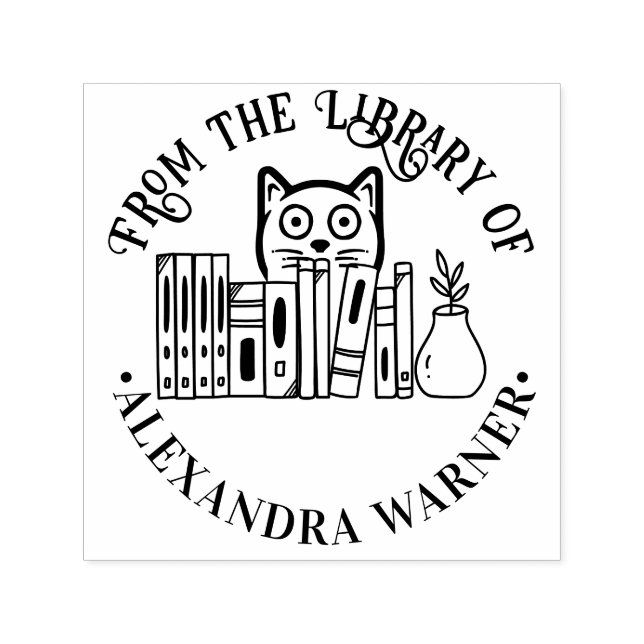 Cat Hiding Behind Books “from the Library of” Rnd Self-inking Stamp (Design)