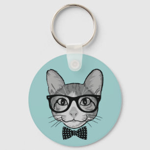 Cat Hipster with Polka Dots Bow Tie Key Ring