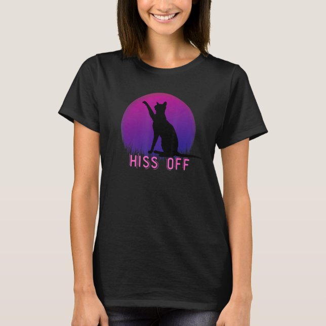 Cat Hiss Off Meow Retro Sunset Style Funny Black C T-Shirt (Front)
