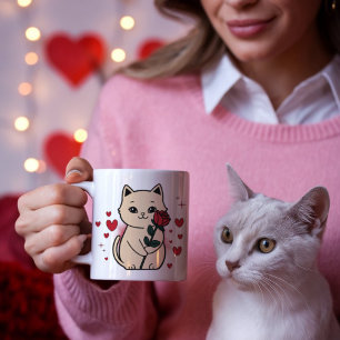 Cat holding a rose with red hearts valentine's day coffee mug