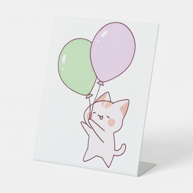 Cat holding balloon drawing pedestal sign (Front)
