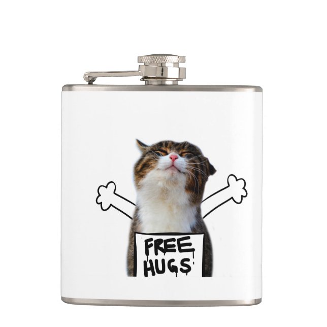 Cat Holding Free Hugs Sign Hip Flask (Front)