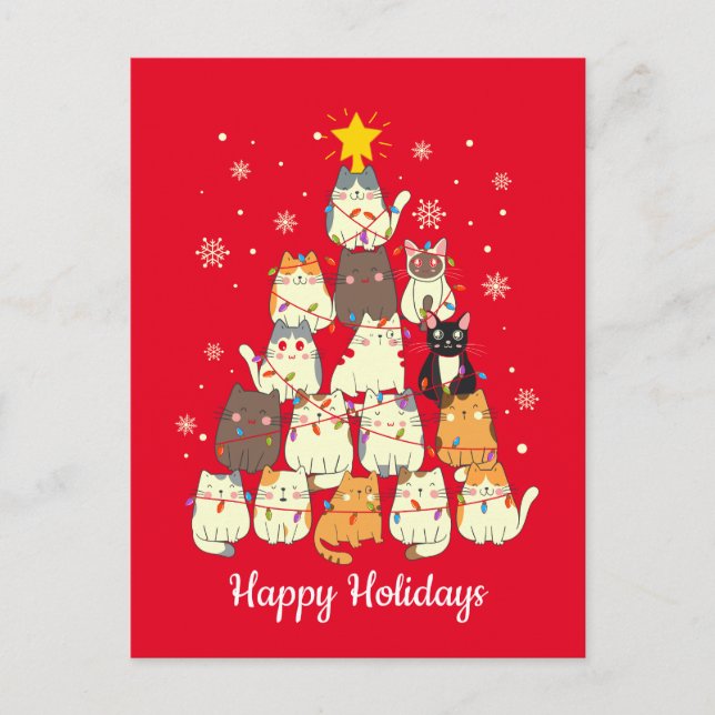 Cat Holiday Christmas Tree Cute Lights Postcard (Front)
