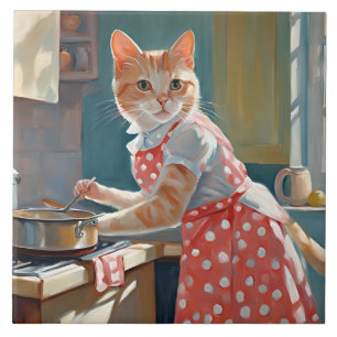 Cat housewife cooking dinner tile